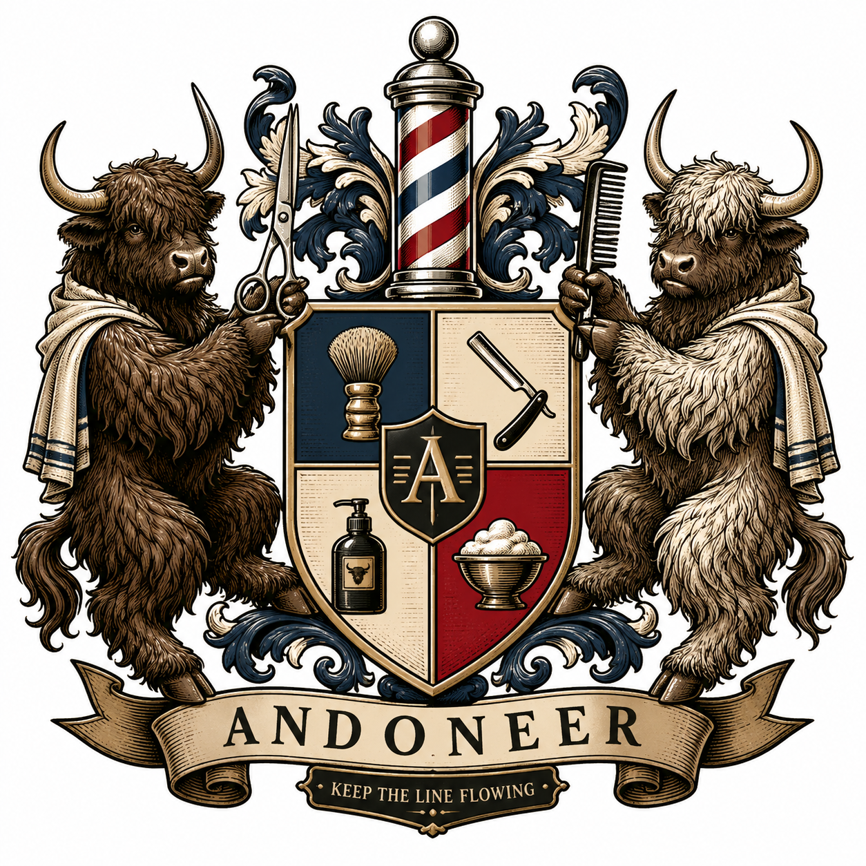 Andoneer crest — two yaks flanking a barbershop coat of arms with the motto: keep the line flowing.